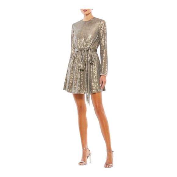 Mac Duggal Gold Sequin Embellish Long Sleeve High Neck Mini Dress Sz 8 $398 NYE - Picture 4 of 15